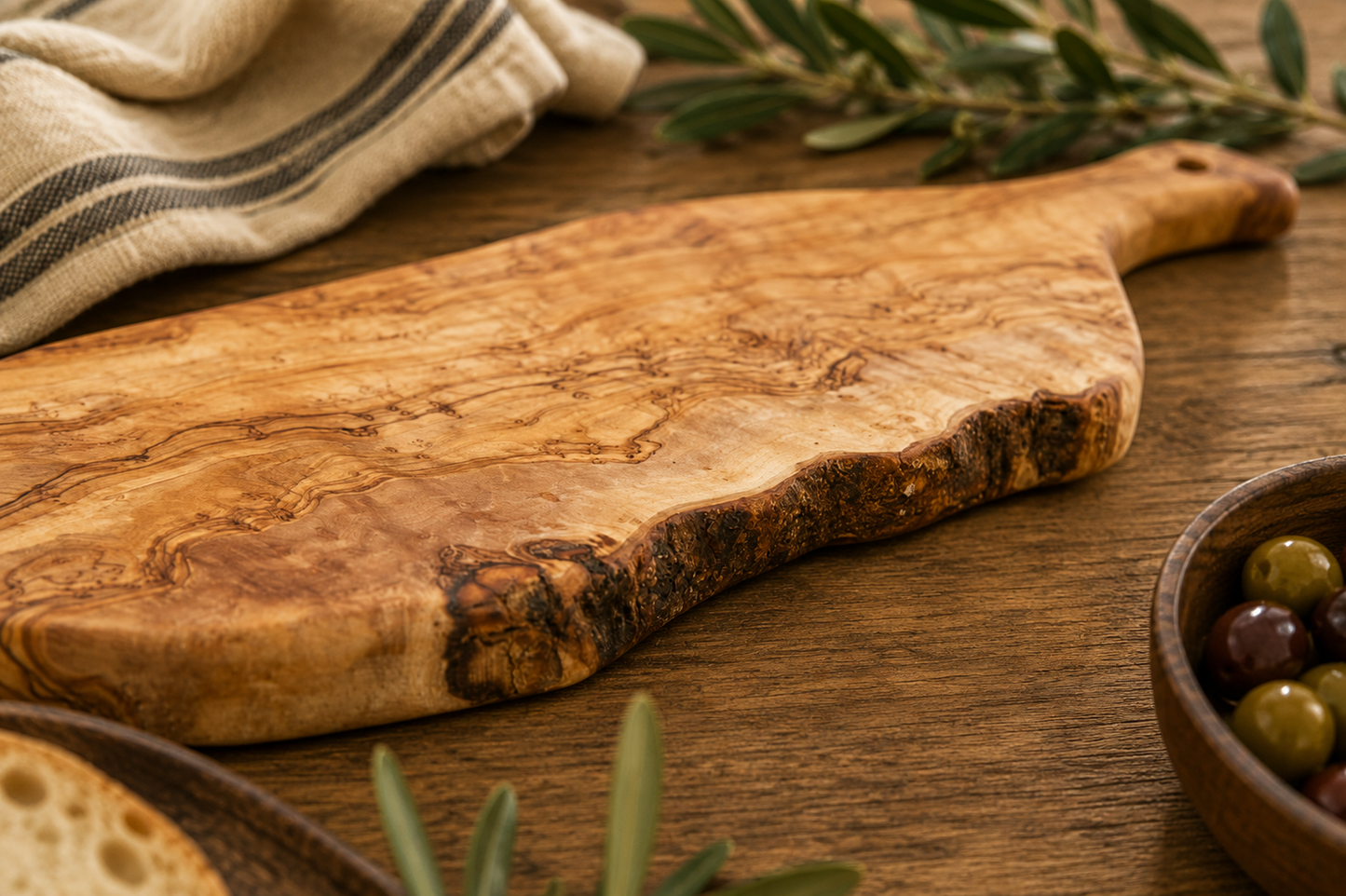 Italian Olivewood Serving Board with Rustic Bark Edge