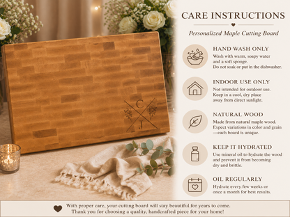 Wooden cutting board with care instructions on a decorative background