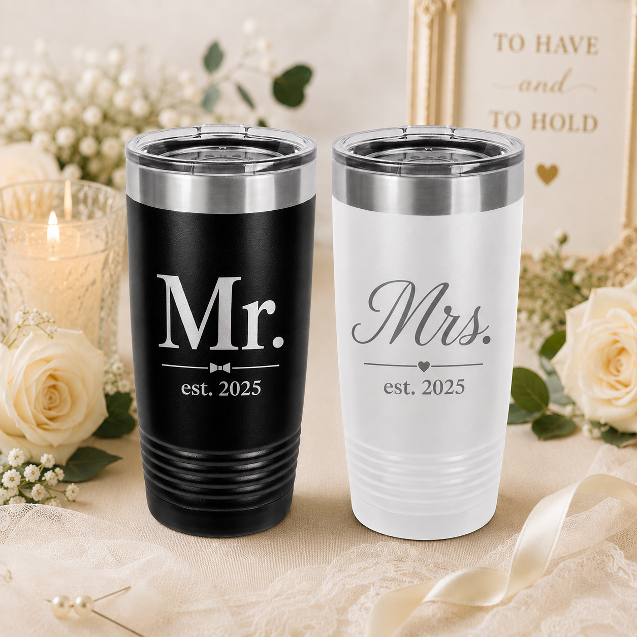 Mr & Mrs Polar Camel Tumblers | 20 oz Stainless Steel Wedding Gift Set | Black and White Travel Cups