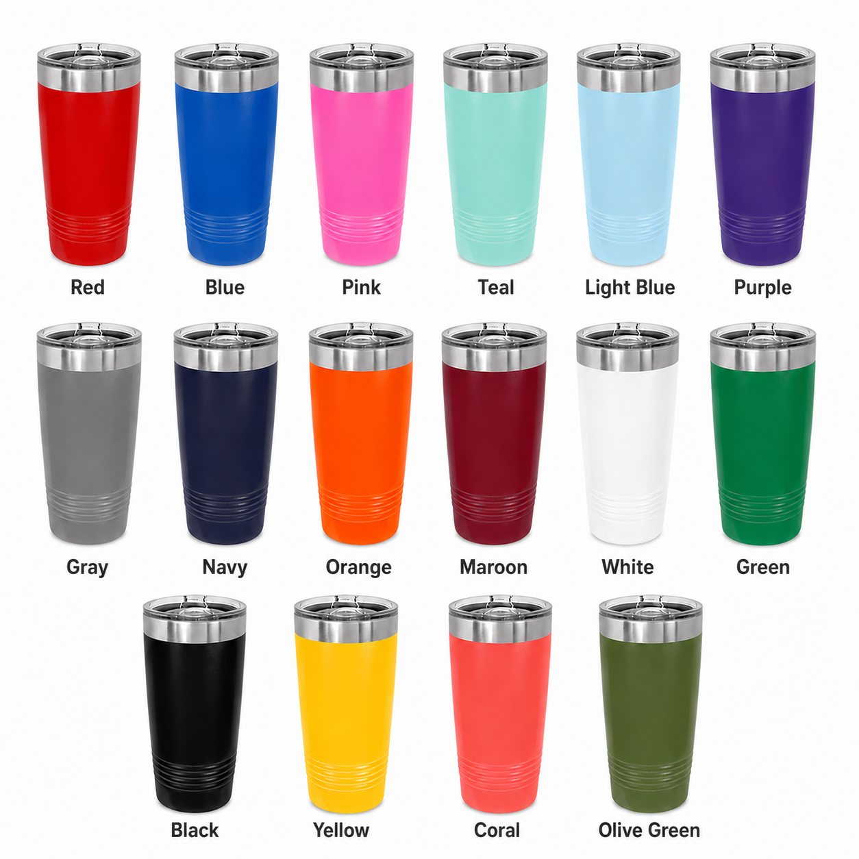 Collection of 20 oz tumblers in various colors with silver lids on a white background.