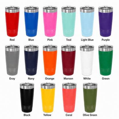 Collection of 20 oz tumblers in various colors with silver lids on a white background.