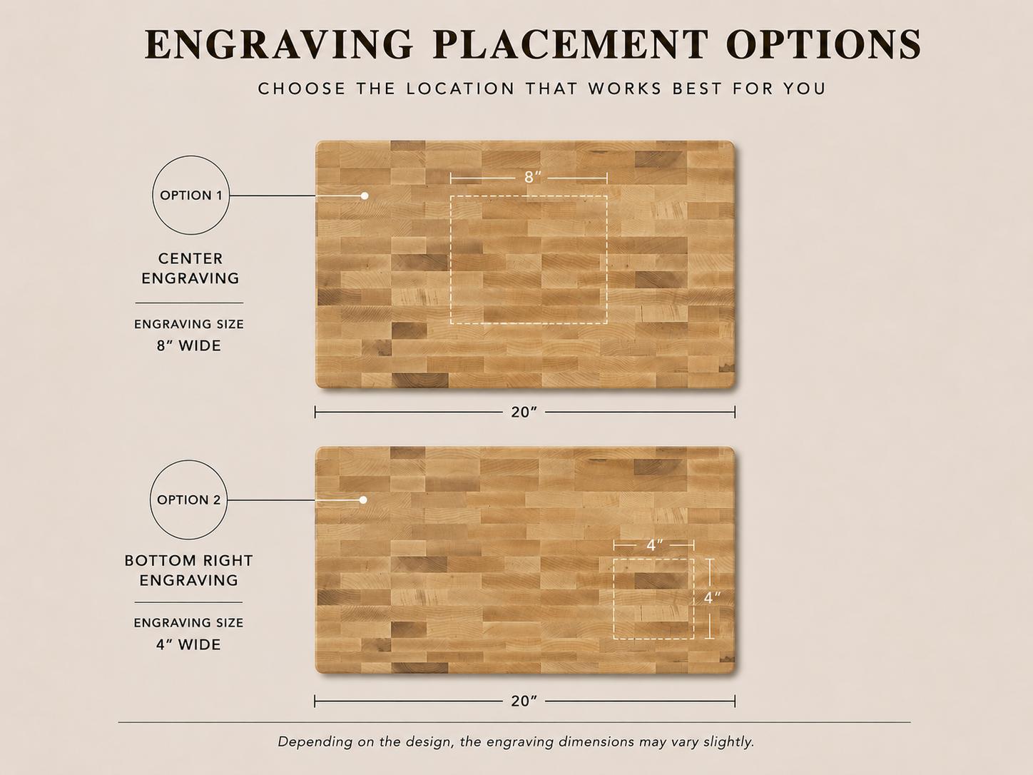 Wooden cutting board with engraving placement options and dimensions on a beige background