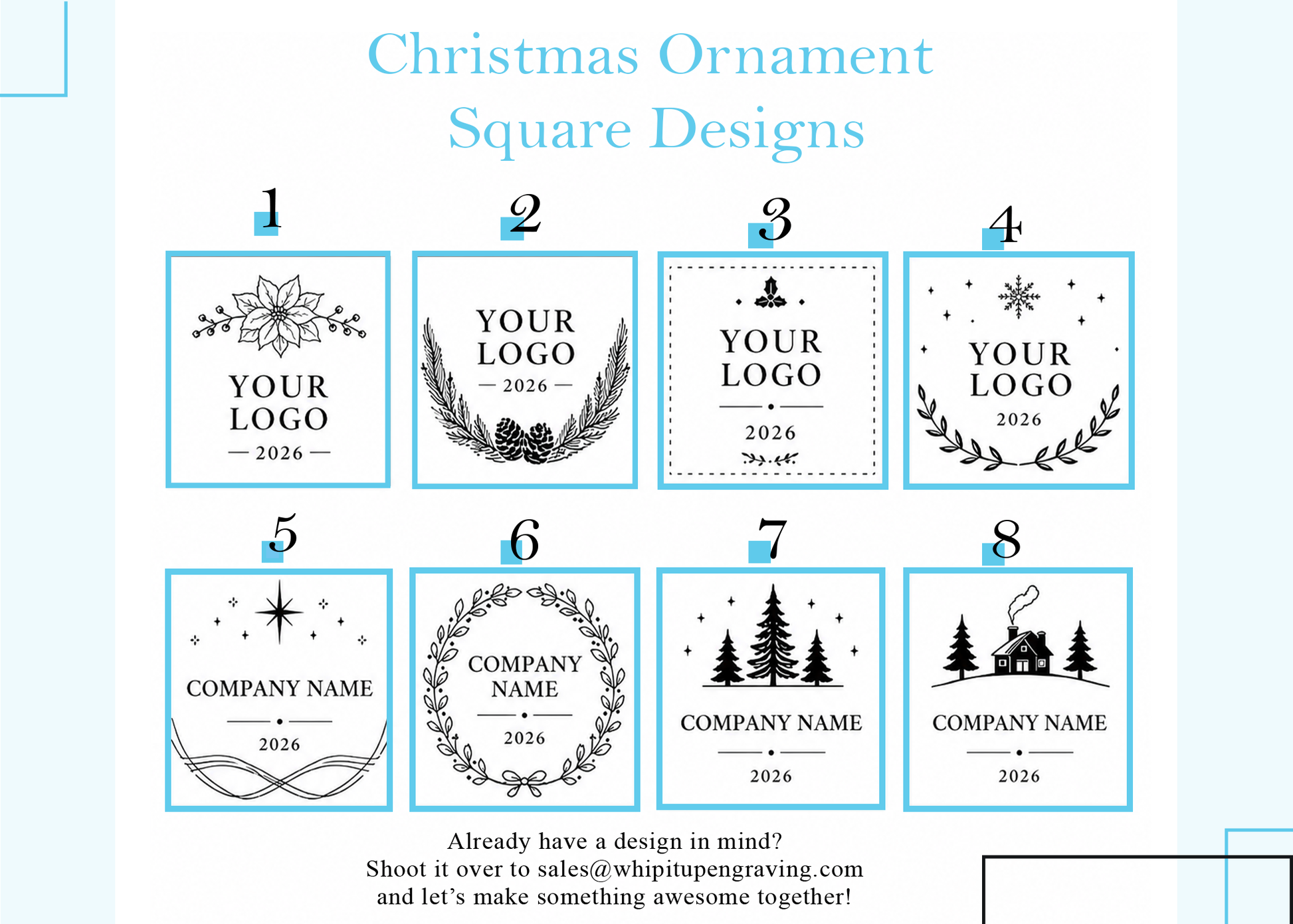 Collection of Christmas ornament square designs with customizable options on a light blue background.