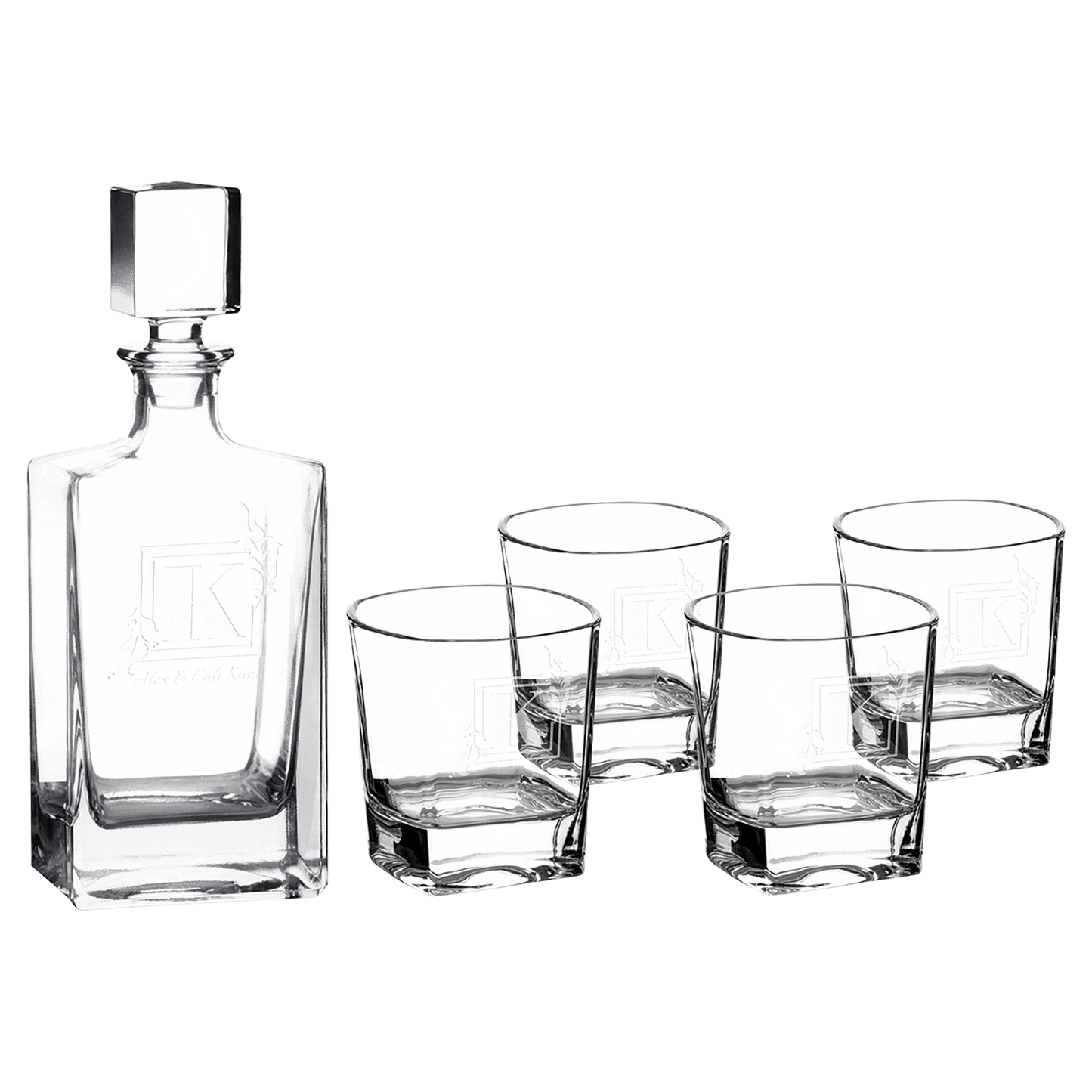 Decanter Set 810mL Square Glass Set with Four 8 oz. Rocks Glasses in Black Gift Box