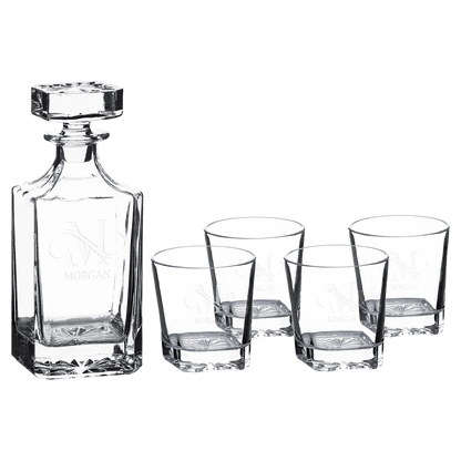 Decanter Set 750mL Square Glass Set with Four 11 oz. Rocks Glasses in Black Gift Box