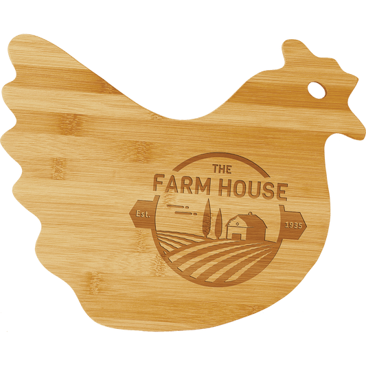 Wooden cutting board shaped like a chicken with 'The Farm House' branding