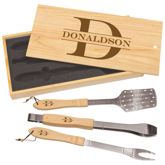 Personalized BBQ Grill Set – Custom Engraved Wooden Box with 3 Stainless Steel Tools