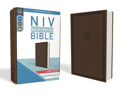 NIV Value Thinline Bible with brown cover on a white background