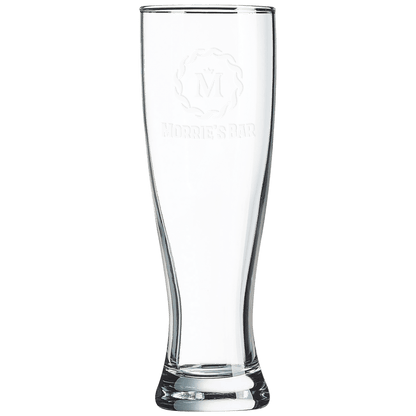 Clear glass beer mug with 'Morris's Bar' engraving on a white background