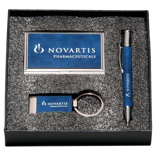 Blue Marbleized Leather Gift Set – Pen, Keychain & Business Card Holder
