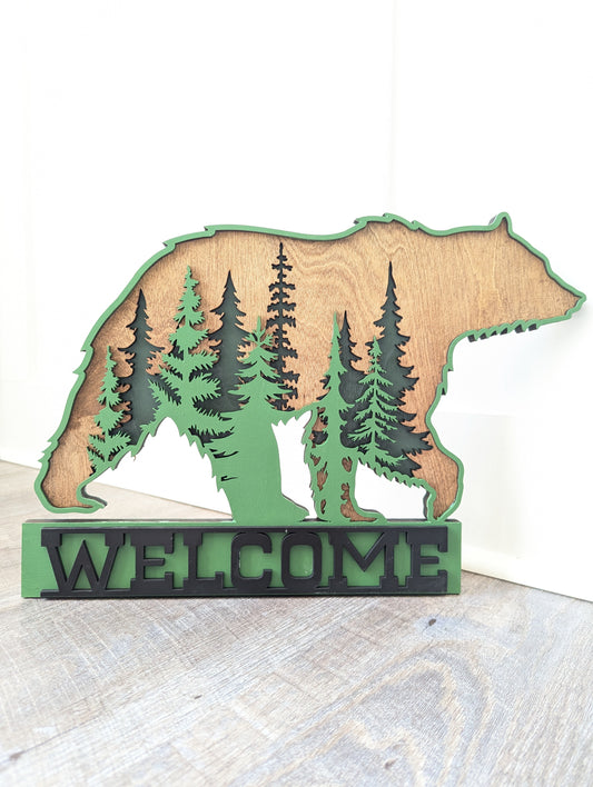 Rustic Cabin Bear Forest Welcome Sign - Handcrafted Wood Décor for Cozy Cabin Retreat - Kids Wilderness Outdoors Bedroom Decor