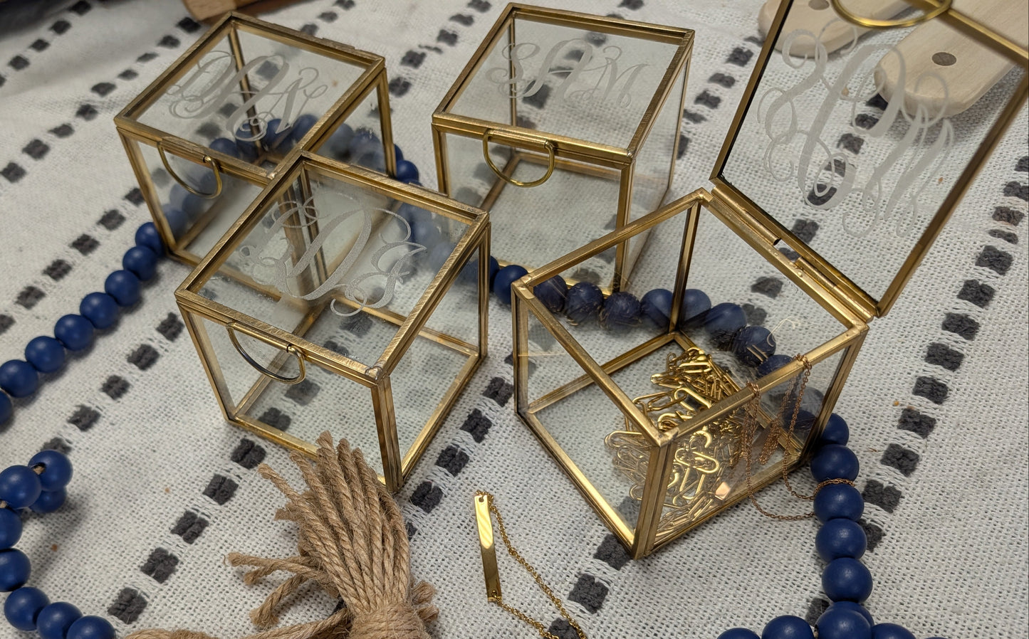 Personalized Glass Jewelry Box – 3x3 Gold Frame Keepsake Cube
