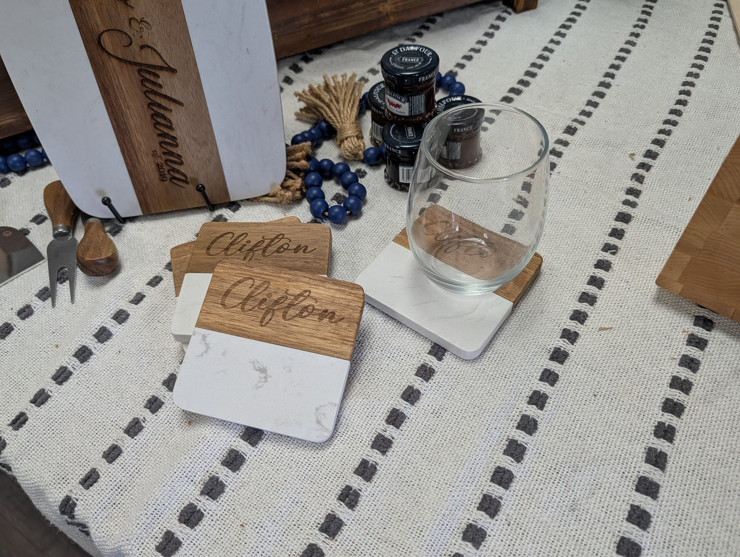 Marble & Acacia Wood Coasters – Set of 4