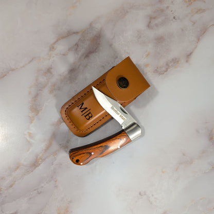 Bison River 4" Wood Folding Knife with Leather Sheath