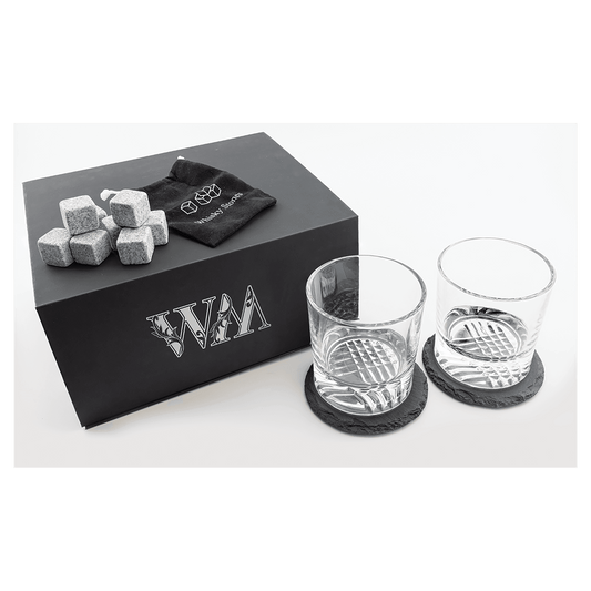 Whiskey Set with Two 9 oz. Glasses, Two 4" Slate Coasters, and Eight Granite Whiskey Stones with a Black Velvet Bag