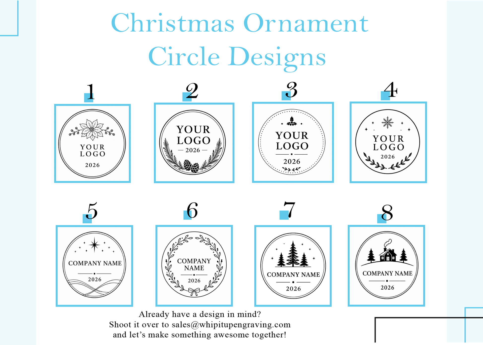 Designs of Christmas ornaments with circle shapes for branding, on a light blue background.