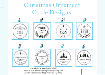 Designs of Christmas ornaments with circle shapes for branding, on a light blue background.