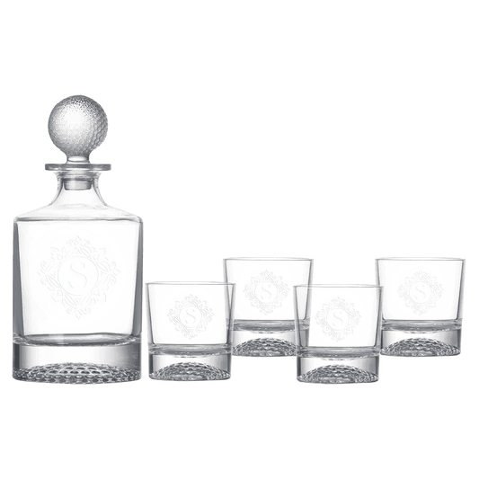 Round Golf Glass Decanter Set with Four Golf Rocks Glasses in a Black Gift Box