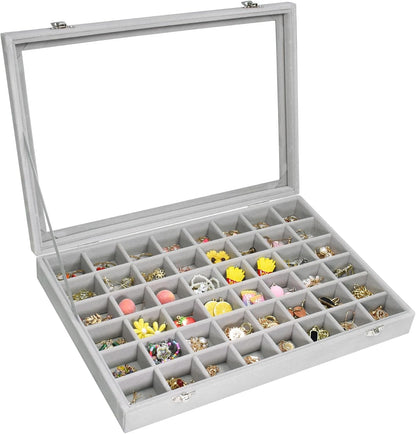 Velvet Jewelry Tray Organizer with Transparent Cover – 48 Compartments