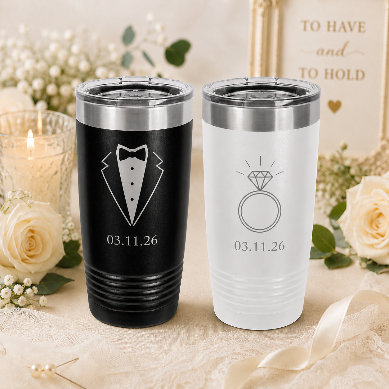 Mr & Mrs Polar Camel Tumblers | 20 oz Stainless Steel Wedding Gift Set | Black and White Travel Cups