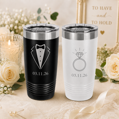 Mr & Mrs Polar Camel Tumblers | 20 oz Stainless Steel Wedding Gift Set | Black and White Travel Cups