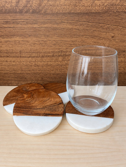 4" Marble & Acacia Wood Round Coaster - Set of 4