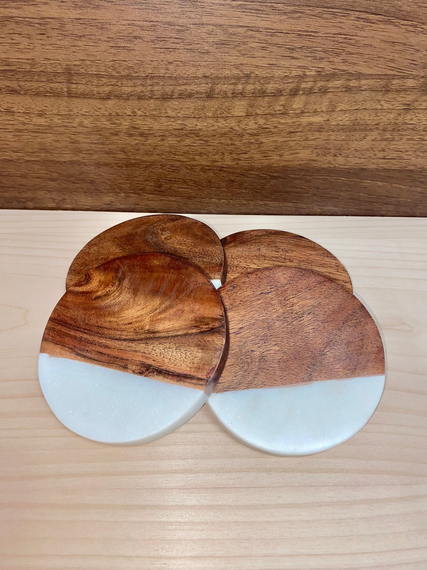 4" Marble & Acacia Wood Round Coaster - Set of 4