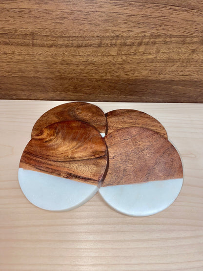 4" Marble & Acacia Wood Round Coaster - Set of 4