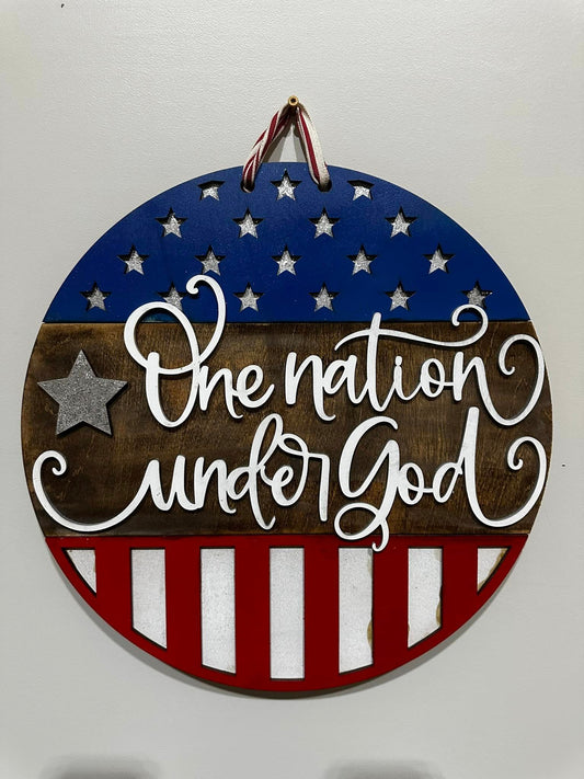 4th of July Patriotic One Nation Under God 16in Door Hanger/Sign