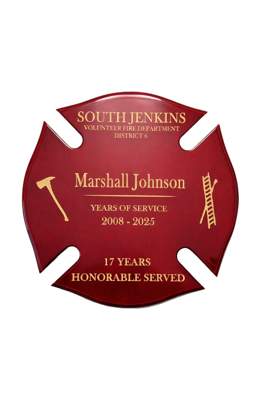 Red fire department service plaque with gold text on a white background