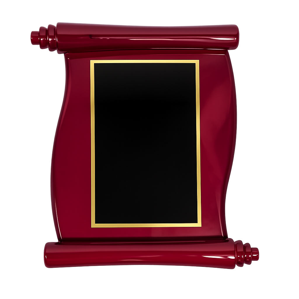 Red scroll-like frame with a black center on a white background