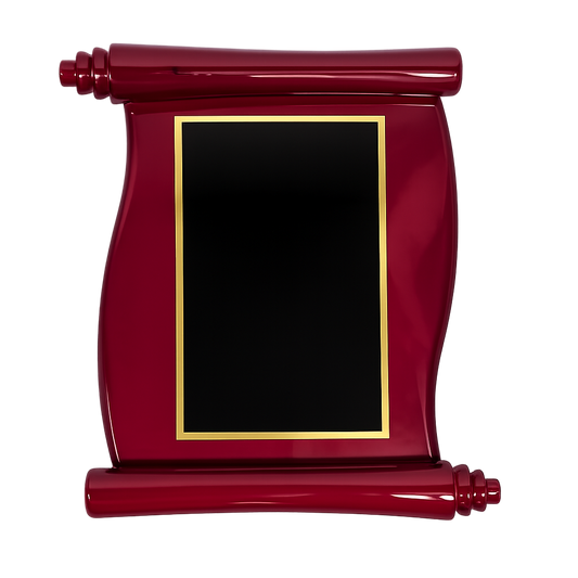 Red scroll-like frame with a black center on a white background